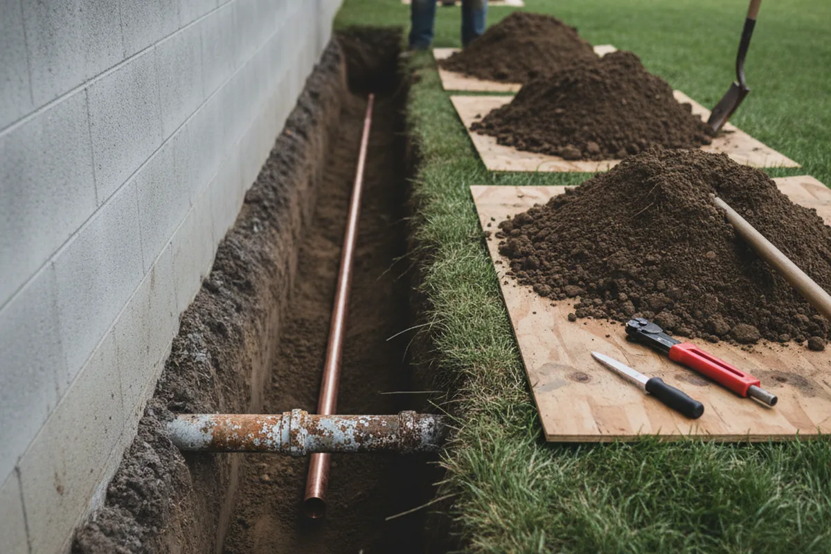 Excavated water line trench during Sewer Line Repair in West Plains
